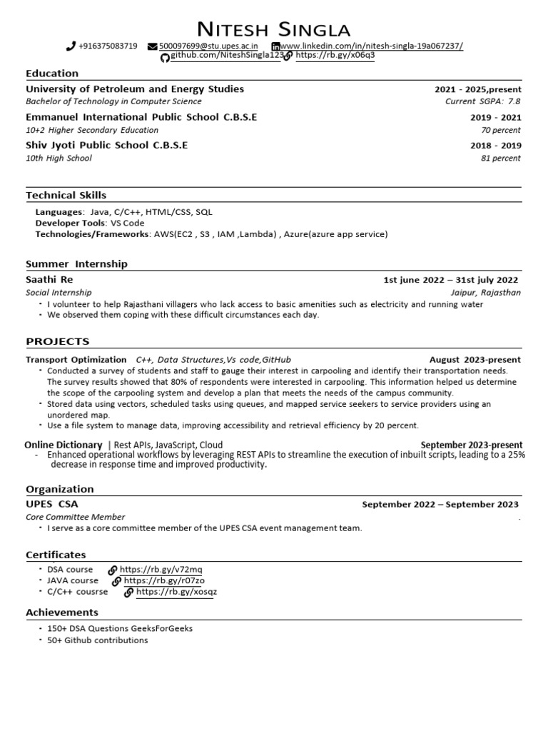 Nitesh Singla: Computer Science Student Profile | PDF | Computer ...