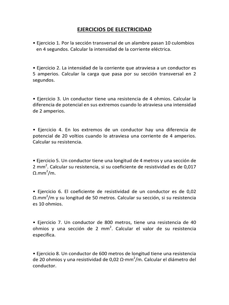 Ejercicios de Electricidad Básica | PDF | Resistencia Eléctrica y ...