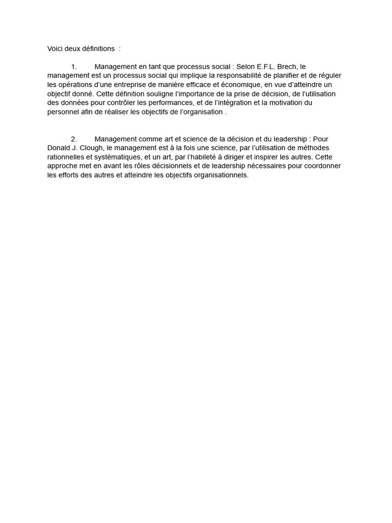 Définitions du management : processus et art | PDF