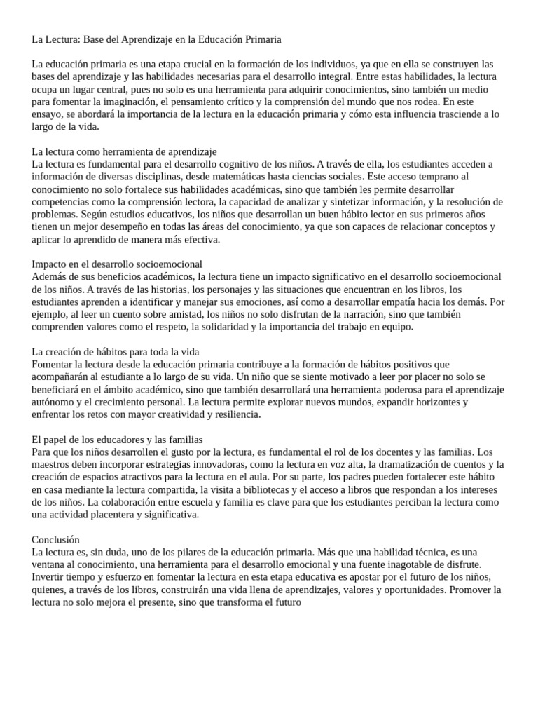 Importancia de la Lectura en Primaria | PDF | Educación primaria ...