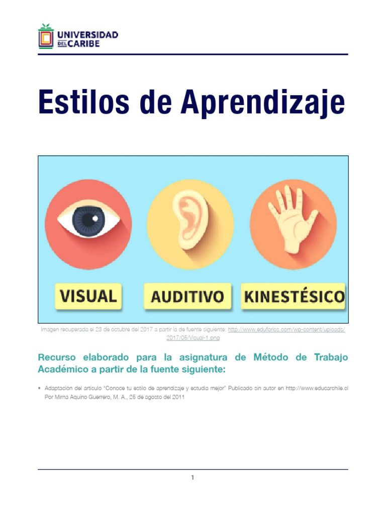 Estilos de Aprendizaje: Visual, Auditivo y Kinestésico | PDF ...