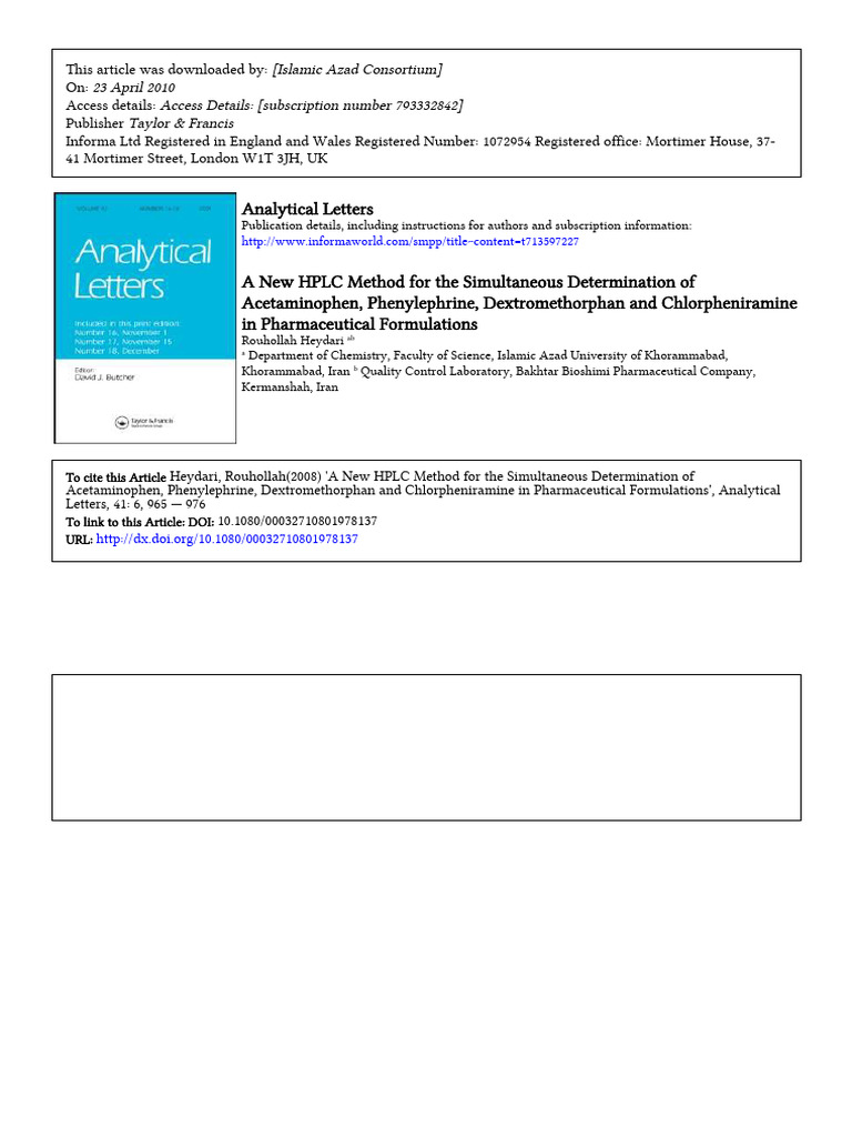 A New HPLC Method For The Simultaneous D | PDF | High Performance ...