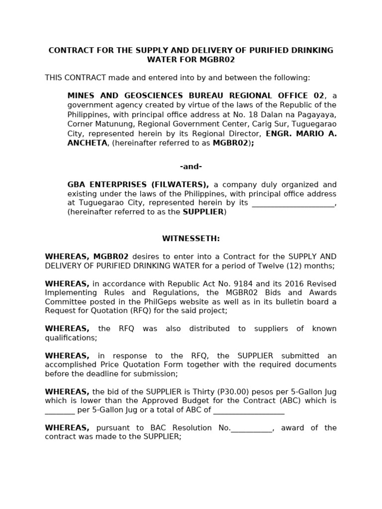 Contract for Purified Water Supply MGBR02 | PDF | Legal Liability ...