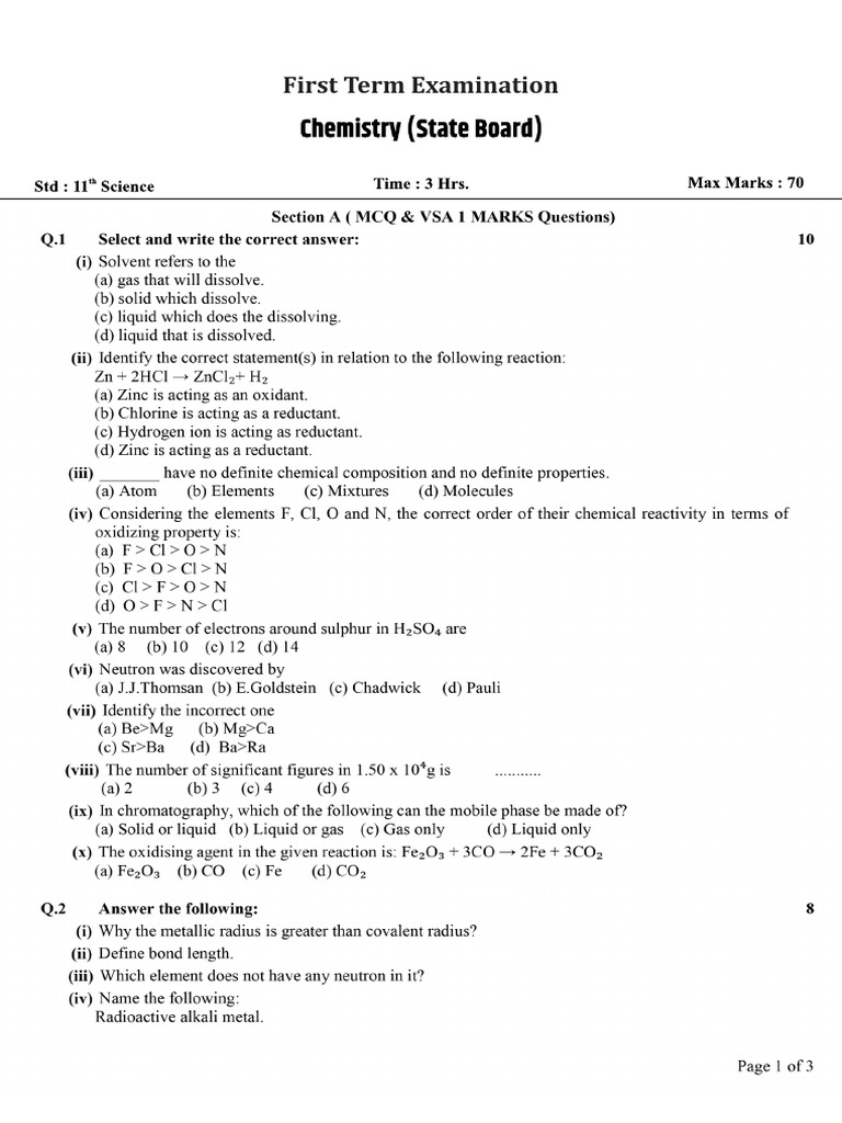 Chemistry - 11th (State Board) | PDF