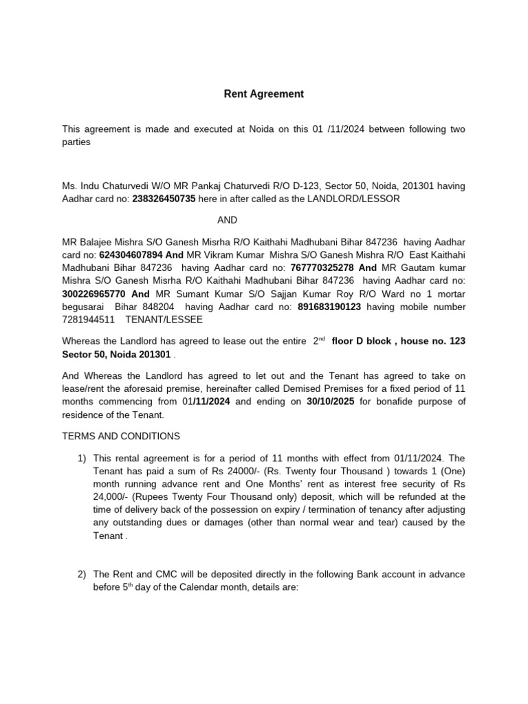 Noida 11-Month Rent Agreement 2024 | PDF | Leasehold Estate | Lease
