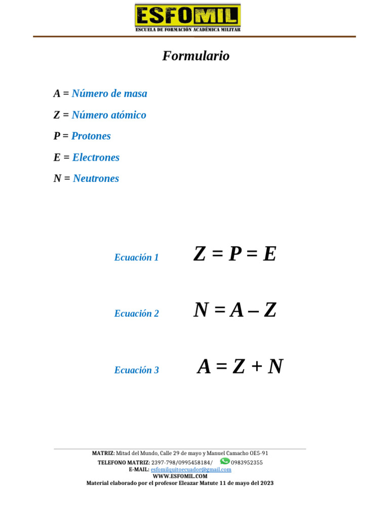 FORMULARIO Protones Electrones Neutrones Masa, Número Atómico | PDF