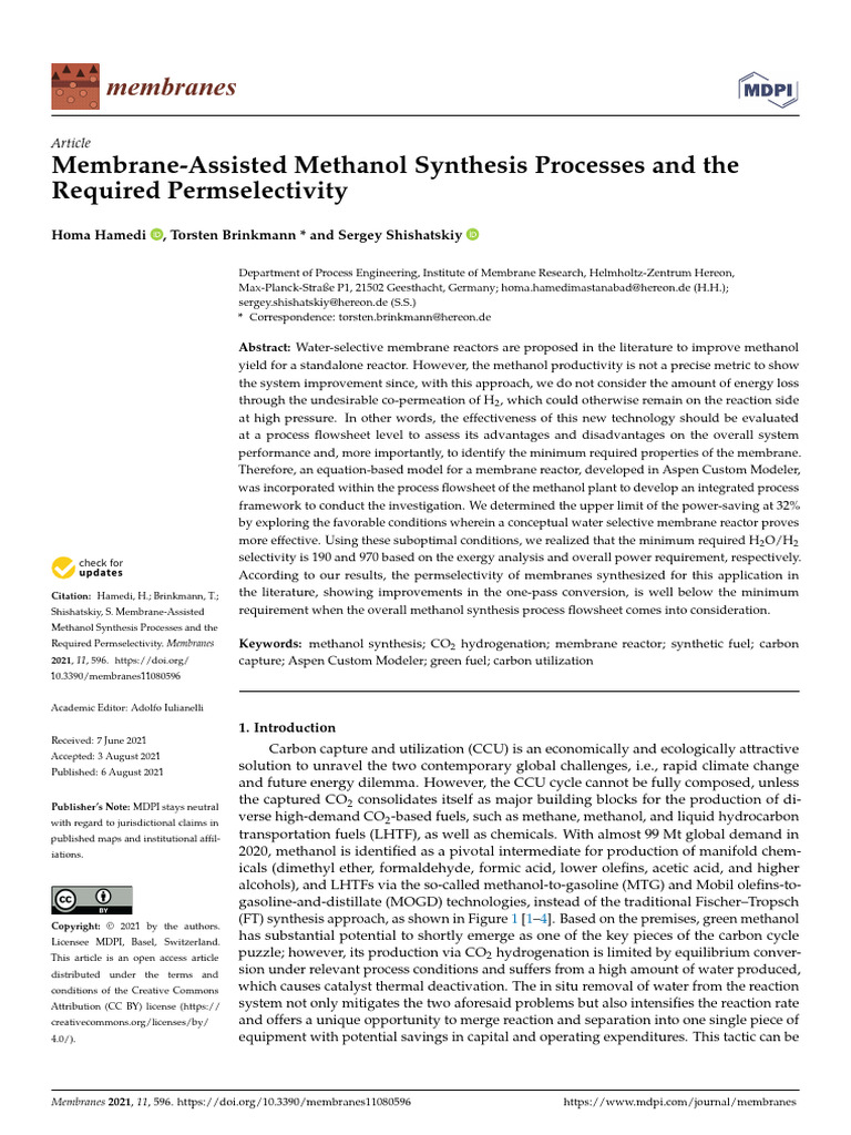 Membrane-Assisted Methanol Synthesis Processes and | PDF | Water | Methanol
