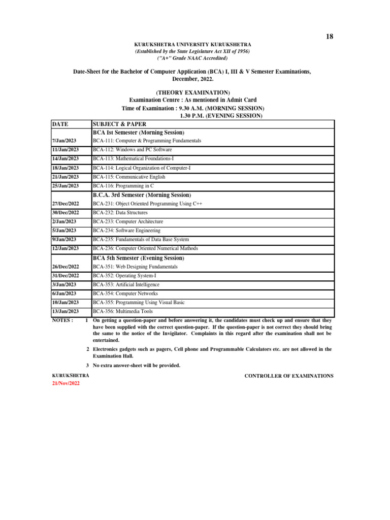 BCA Exam Date Sheet: Semesters I, III, V | PDF | Computer Programming ...