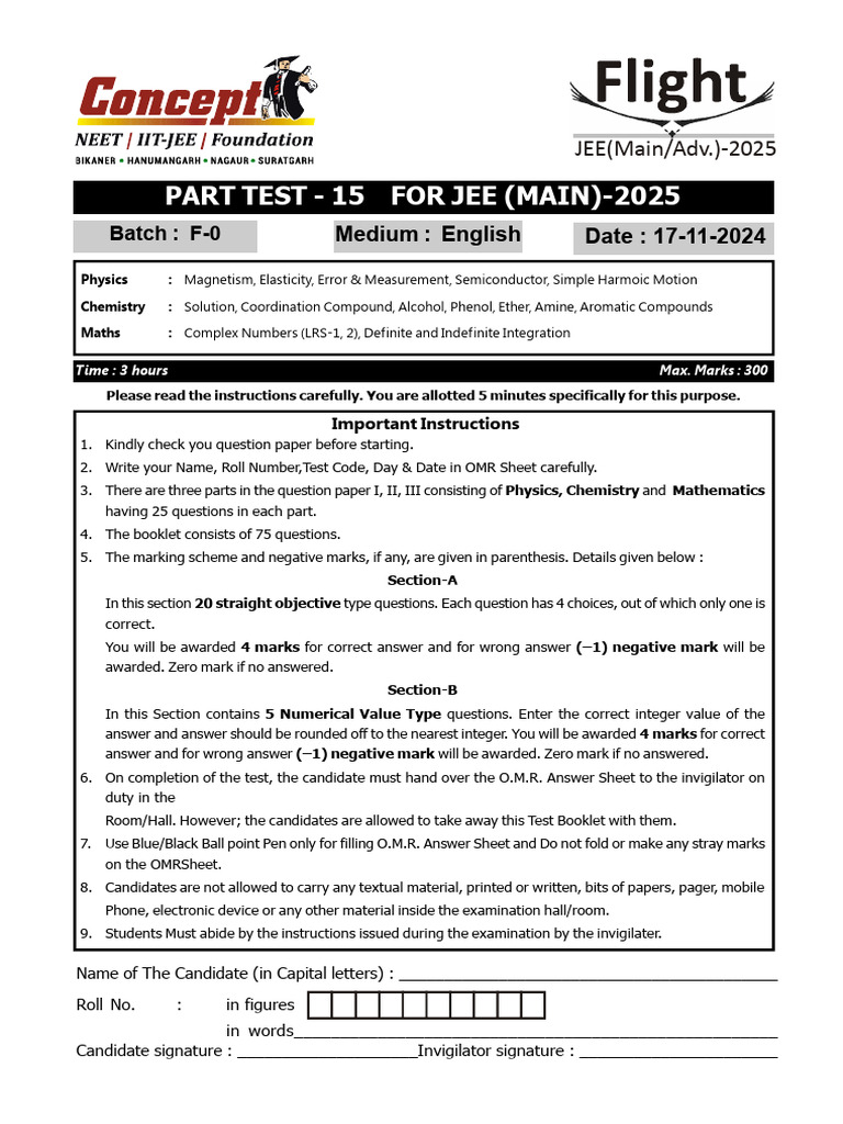 JEE Main 2025 Part Test Instructions | PDF | Physical Sciences ...