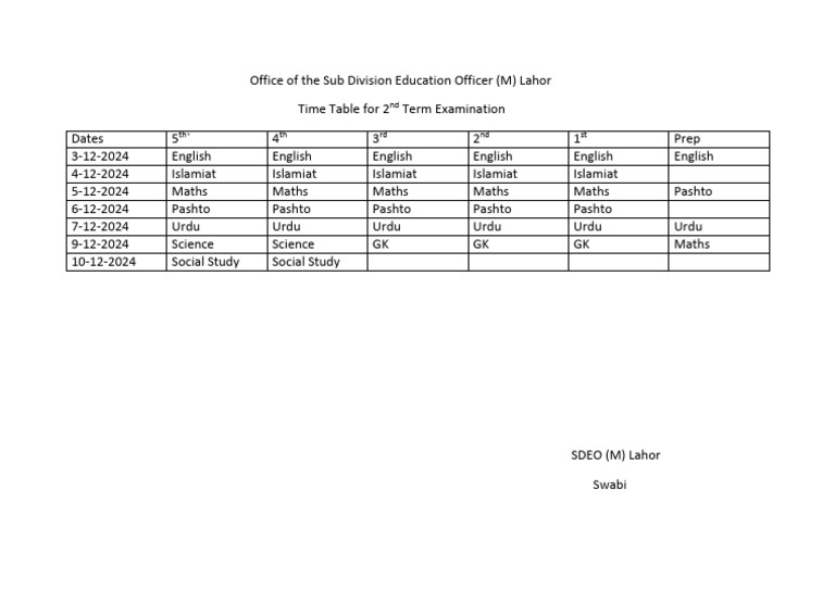 Lahor 2nd Term Exam Schedule 2024 | PDF