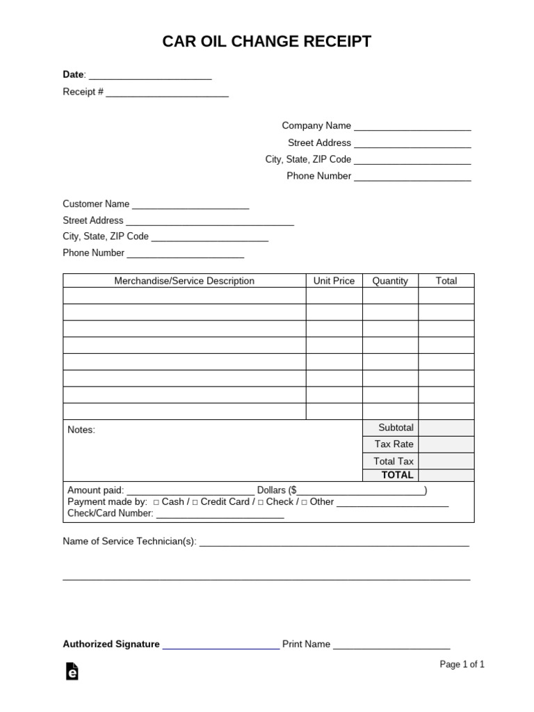 Car Oil Change Receipt Template | PDF