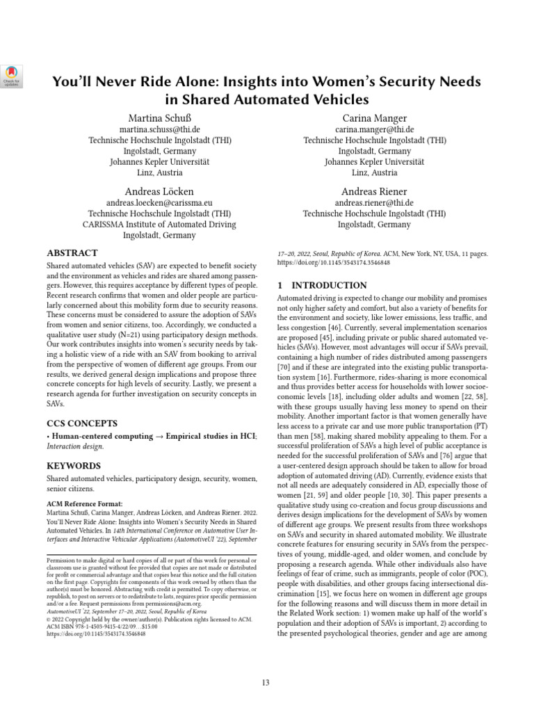 Women's Security in Shared Automated Vehicles | PDF | Securities ...