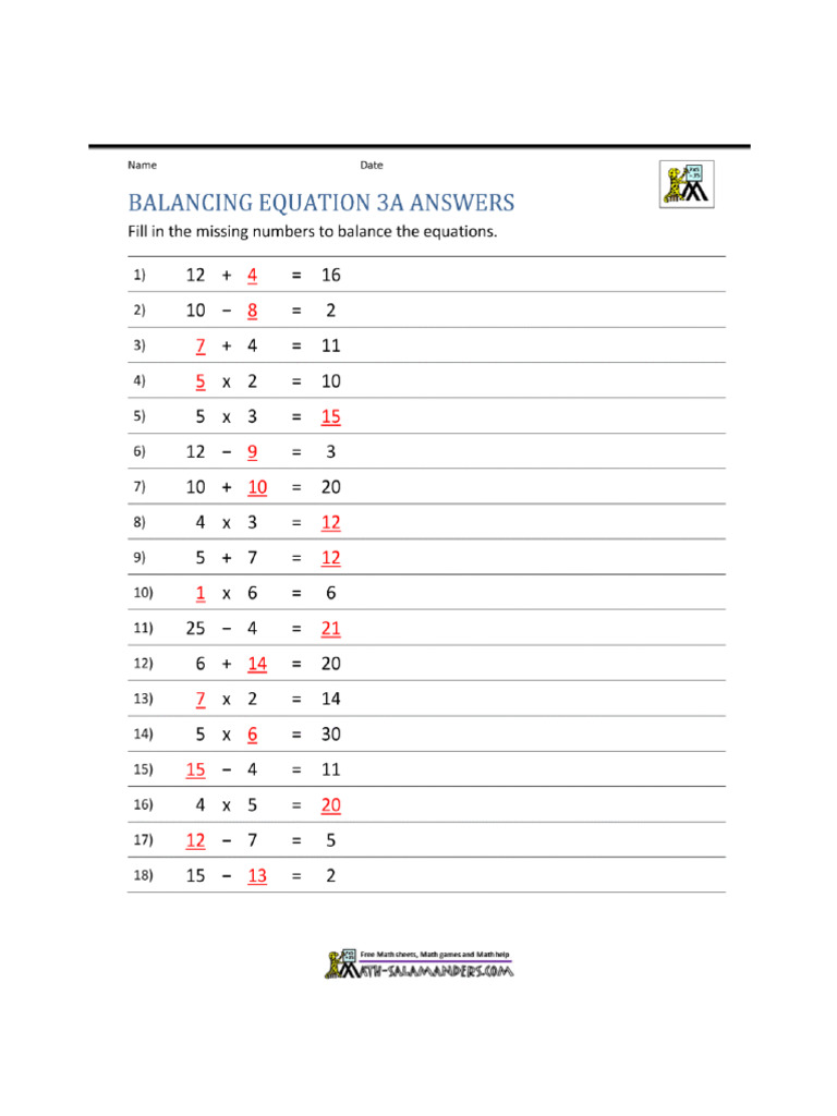3rd Grade Math Worksheets Balancing Equation 3a Ans | PDF