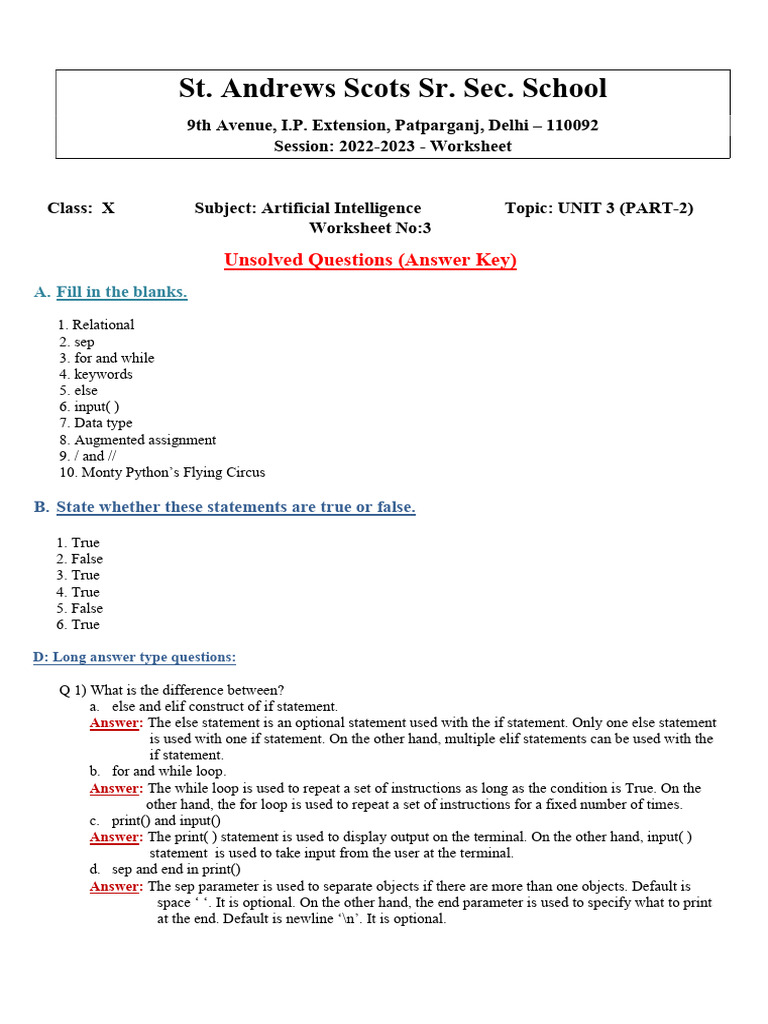 Class X AI Worksheet: Unit 3 Answers | PDF | Reserved Word | Python ...