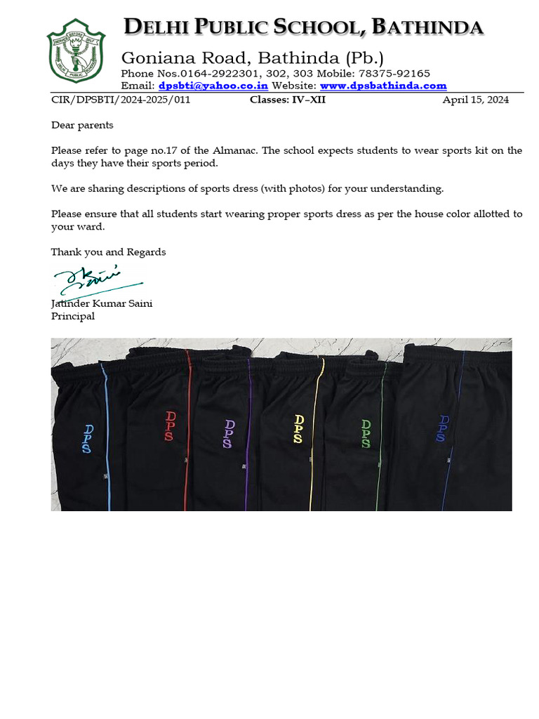 Sports Dress Code for DPS Bathinda | PDF