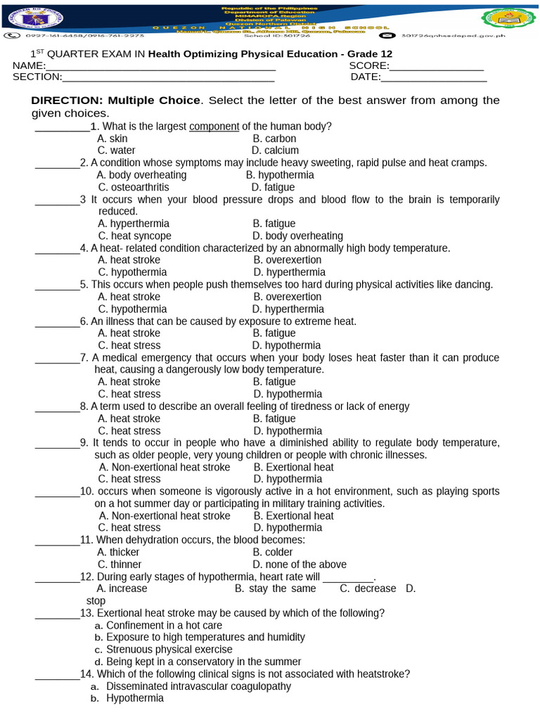 1ST Quarter Exam in Hope 3 | PDF | Hyperthermia | Hypothermia