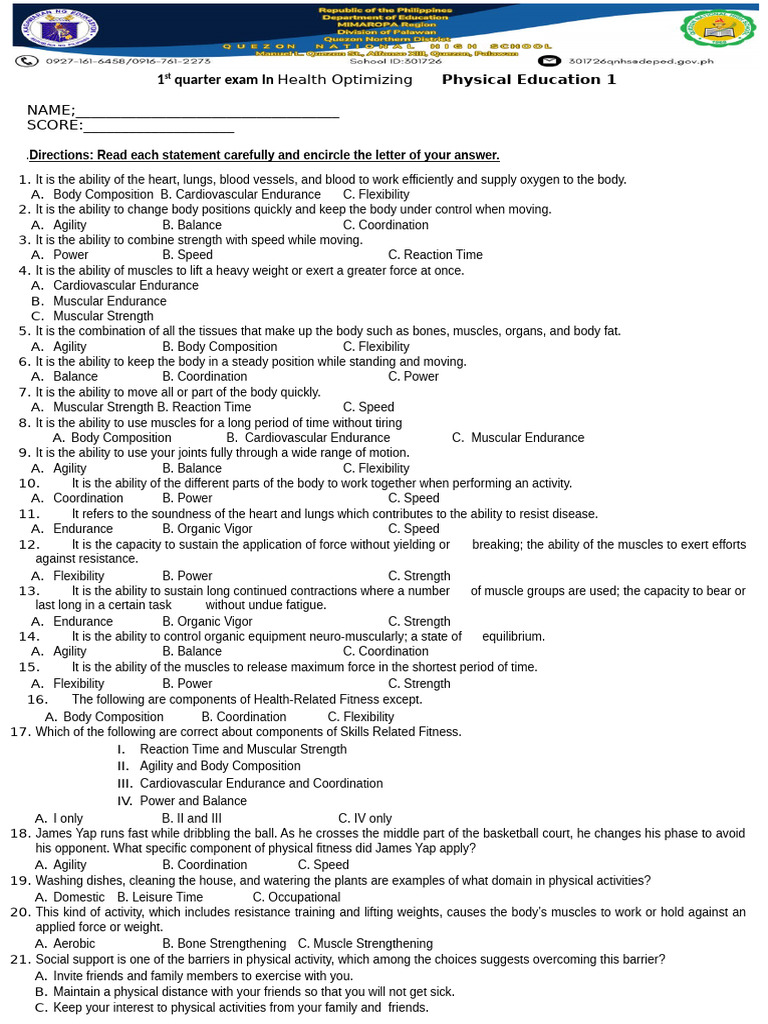 Health Optimizing PE 1st Quarter Exam | PDF | Flexibility (Anatomy ...