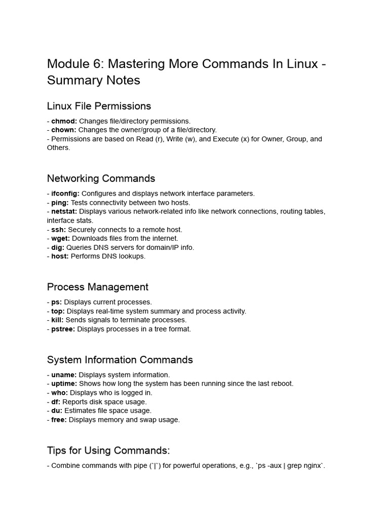 Module+6 +Mastering+More+Commands+In+Linux+-+Summary+Notes | PDF