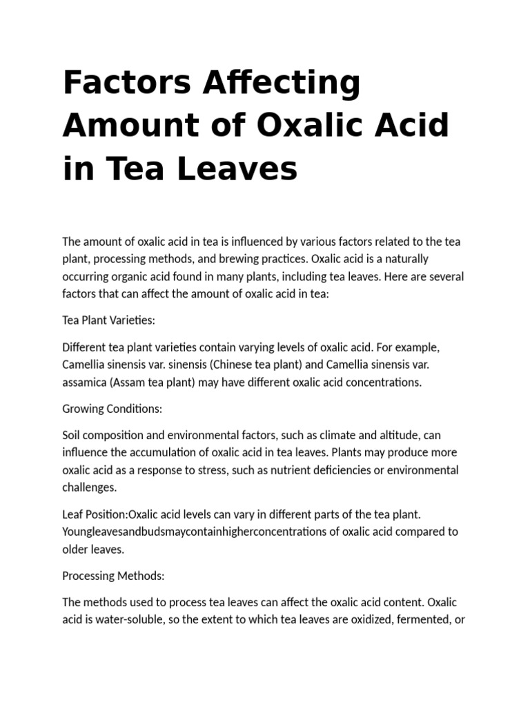 Factors Affecting Amount of Oxalic Acid in Tea Leaves | PDF