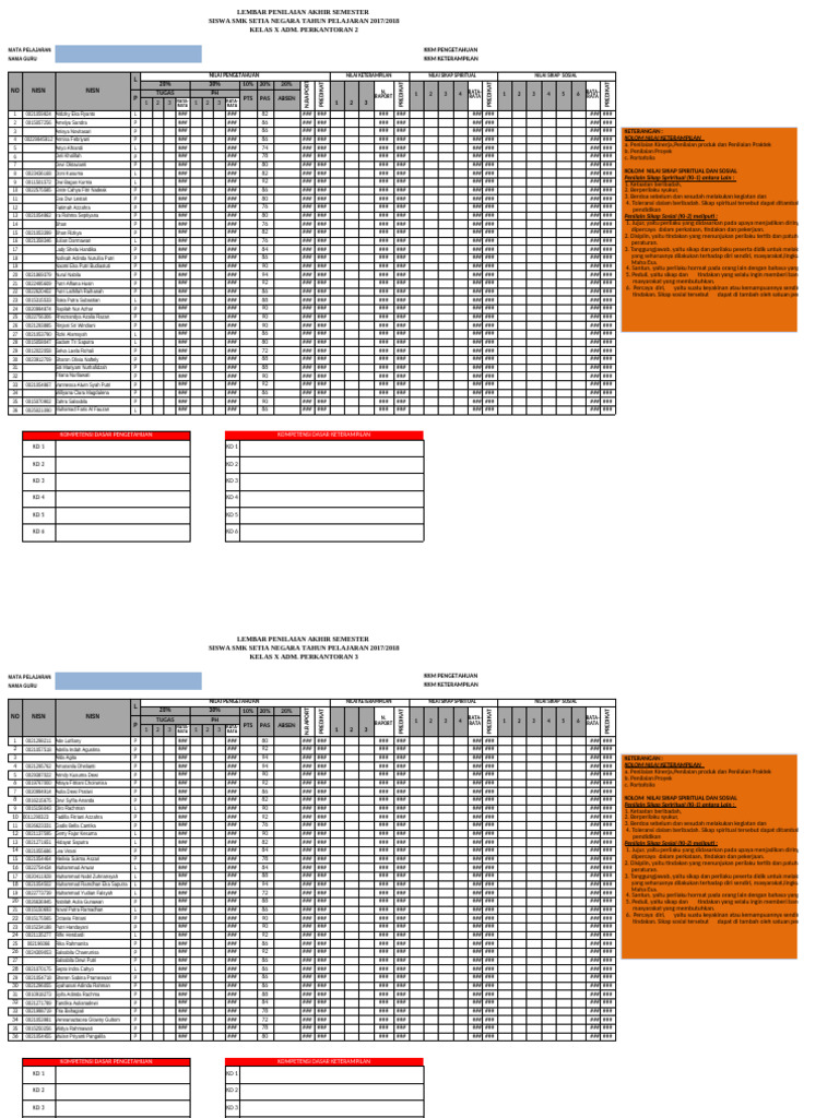 Form Nilai Ukk Kls X 2018 Edit | PDF