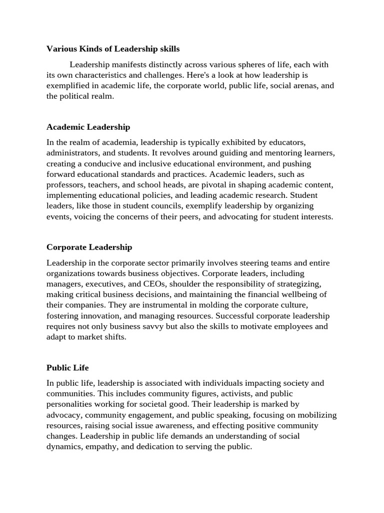 Various Kinds of Leadership Skills | PDF | Leadership | Policy