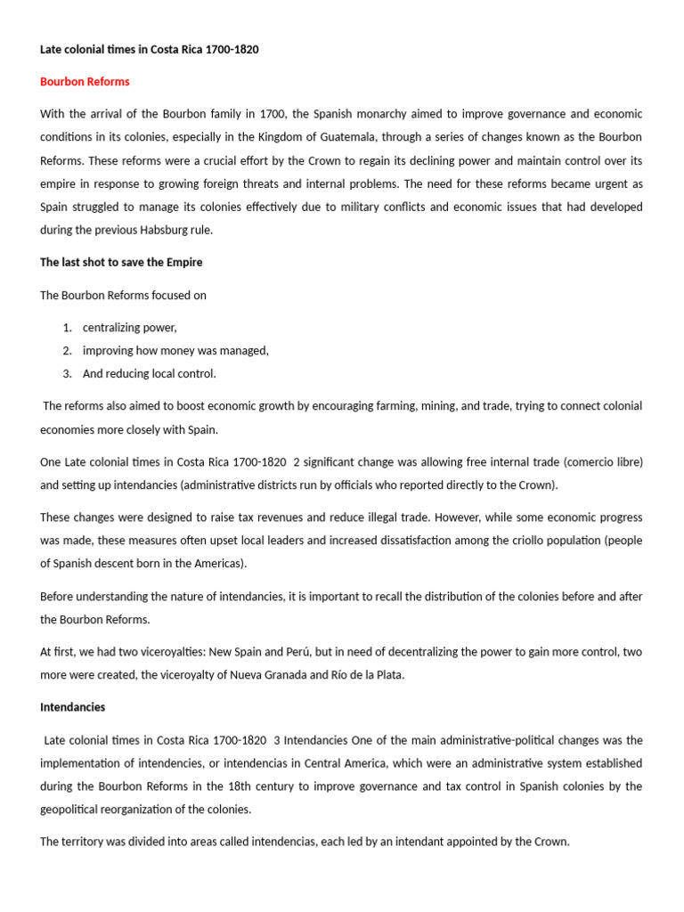 Bourbon Reforms in Costa Rica 1700-1820 | PDF | New Spain | Costa Rica