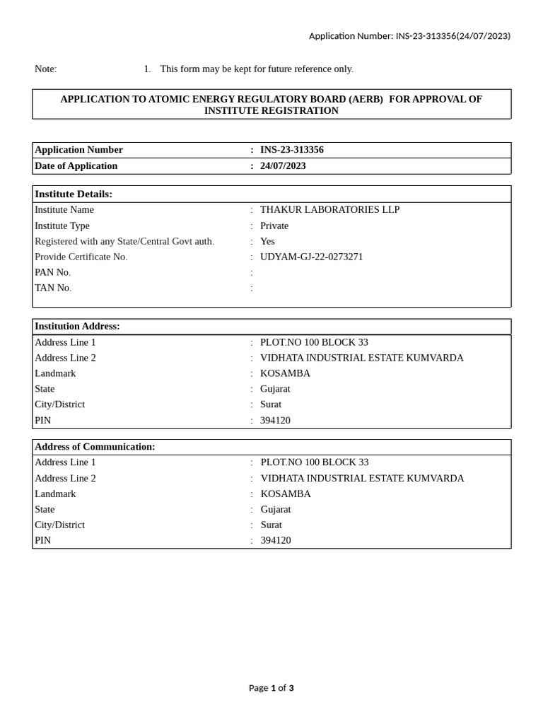 AERB Institute Registration Application | PDF | Personal Identification ...