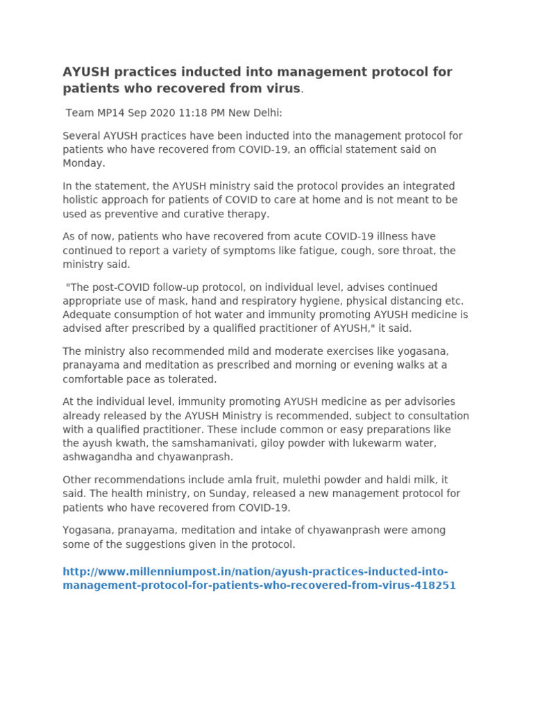 AYUSH Practices Inducted Into Management Protocol For Patients Who Have ...