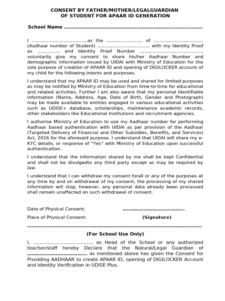 Consent for APAAR ID Generation | PDF
