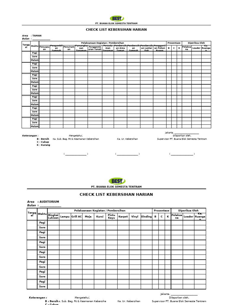 Checklist Kebersihan Harian PT BES | PDF
