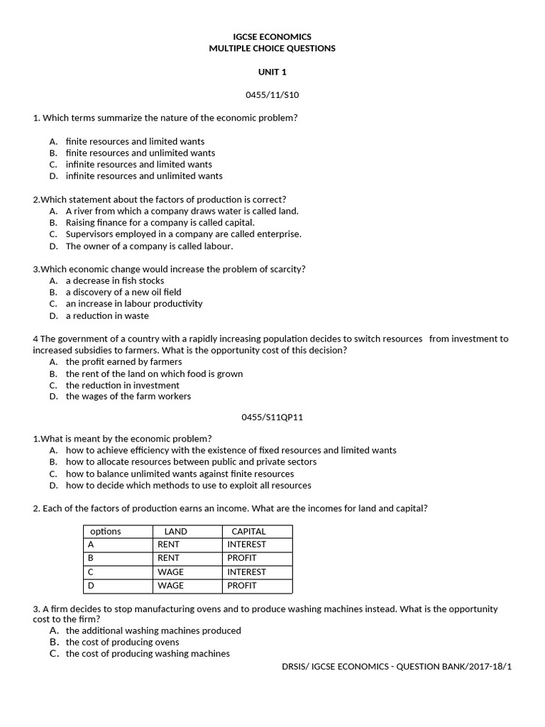 IGCSE Economics MCQ Question Bank | PDF | Cost Of Living | Demand