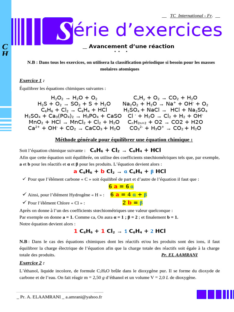 Exercices sur l'équilibrage des réactions chimiques | PDF | Acide ...