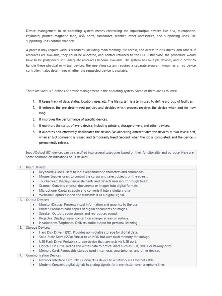 Device Management In Operating System Pdf Input Output Operating