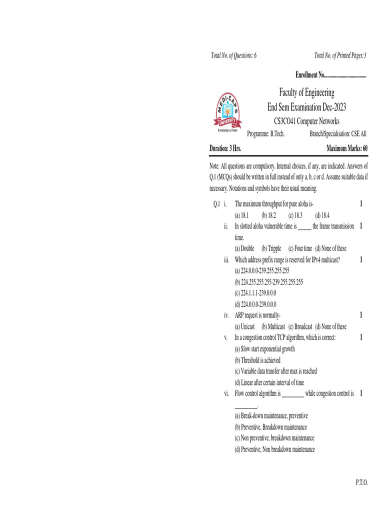 Computer Networks Exam Questions 2023 | PDF | Internet Protocols ...