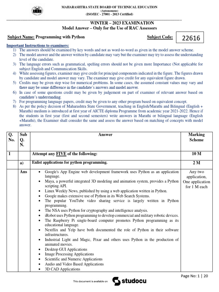 Python Programming Model Answers 2023 | PDF | Parameter (Computer ...