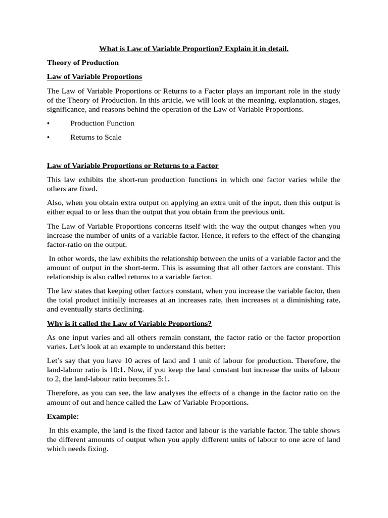Understanding the Law of Variable Proportions | PDF | Production ...