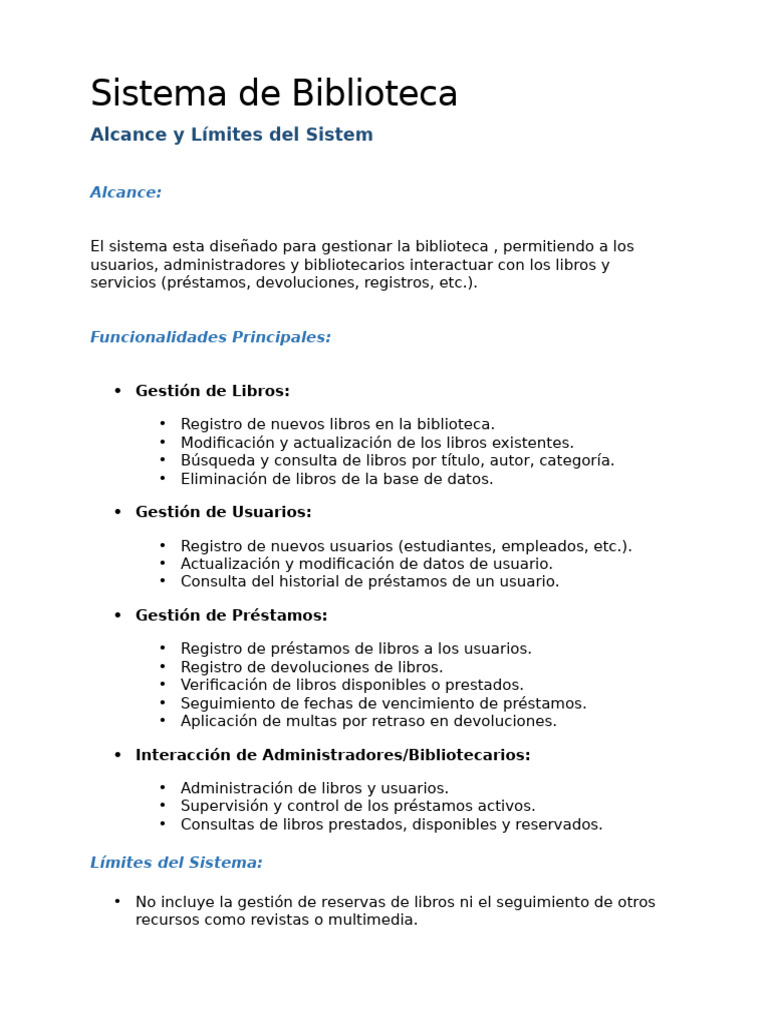 Sistema de Biblioteca: Alcance y Límites Del Sistem | PDF