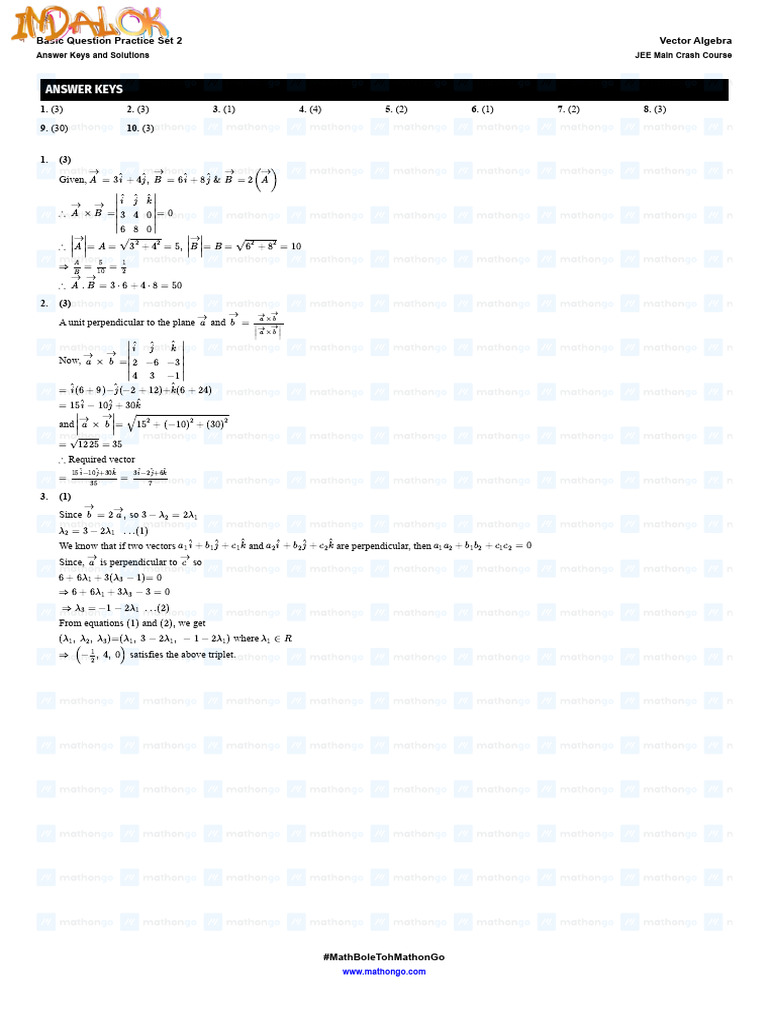 Vector Algebra Solutions for JEE Main | PDF | Mathematical Objects ...