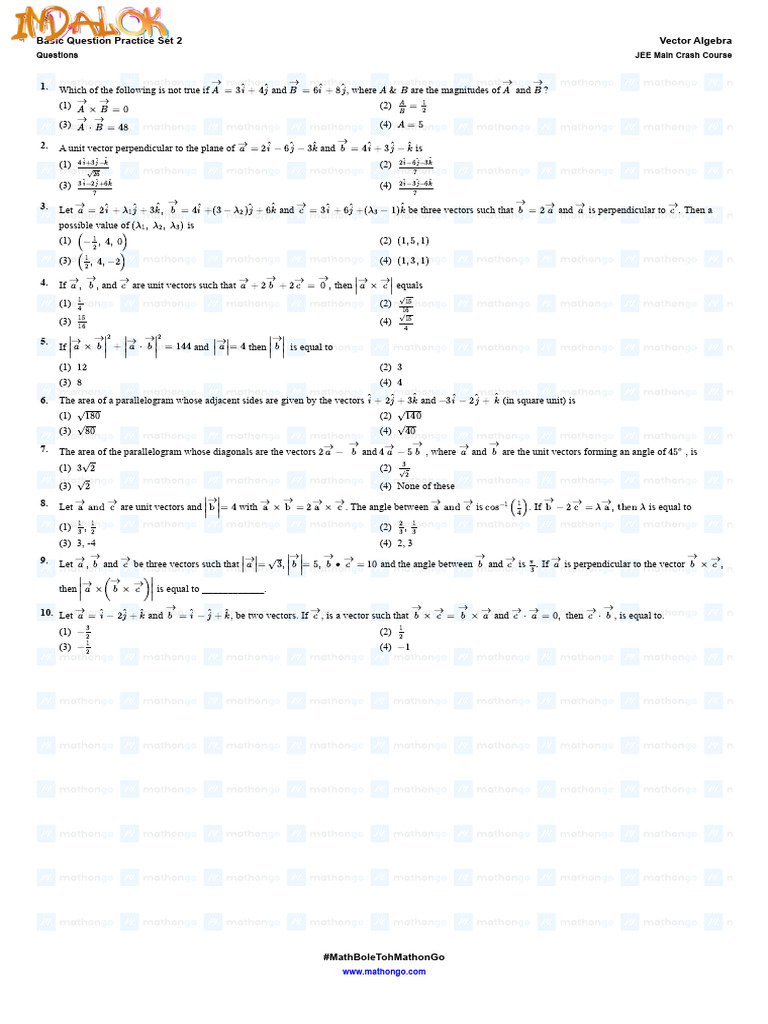 Vector Algebra Practice Questions | PDF | Area | Mathematical Physics