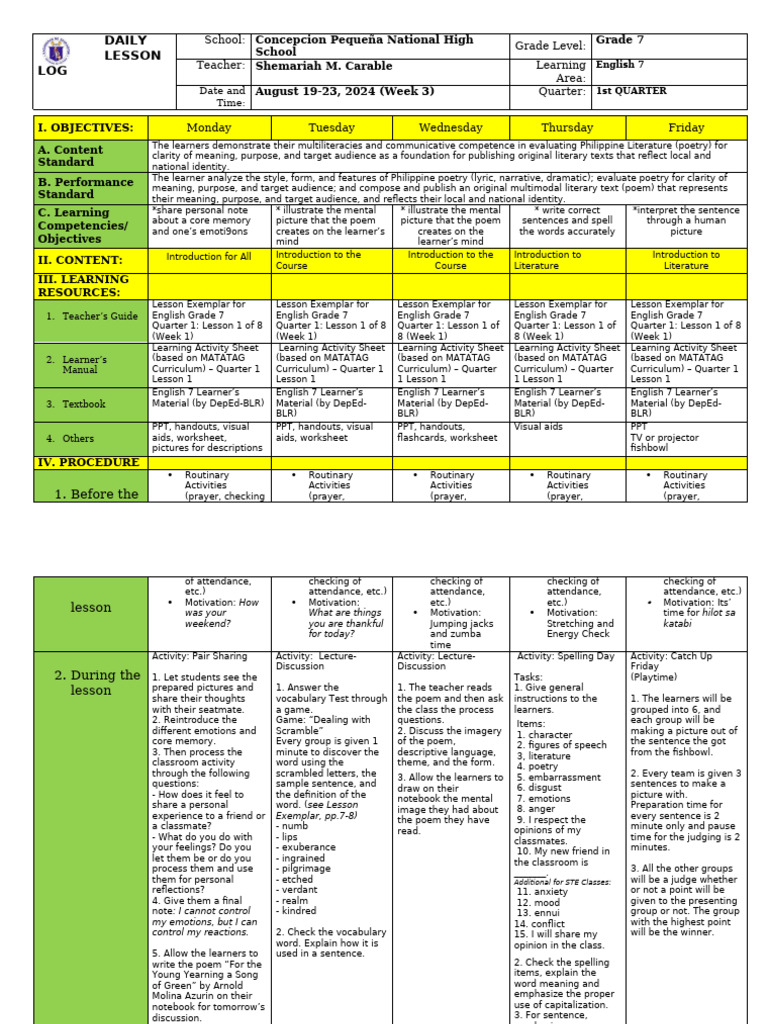 Grade 7 English DLL Week 3 Quarter 1 | PDF | English Language | Poetry