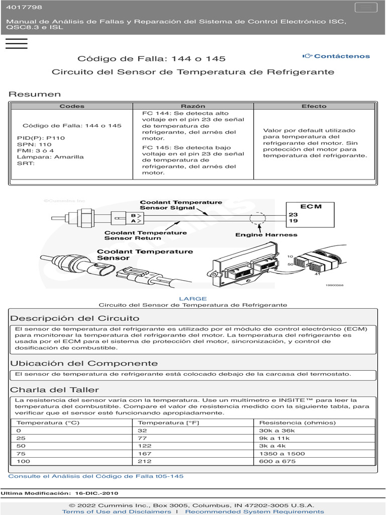 Code 144 o 145 Circuito Del Sensor de Temperatura de Refrigerante ...