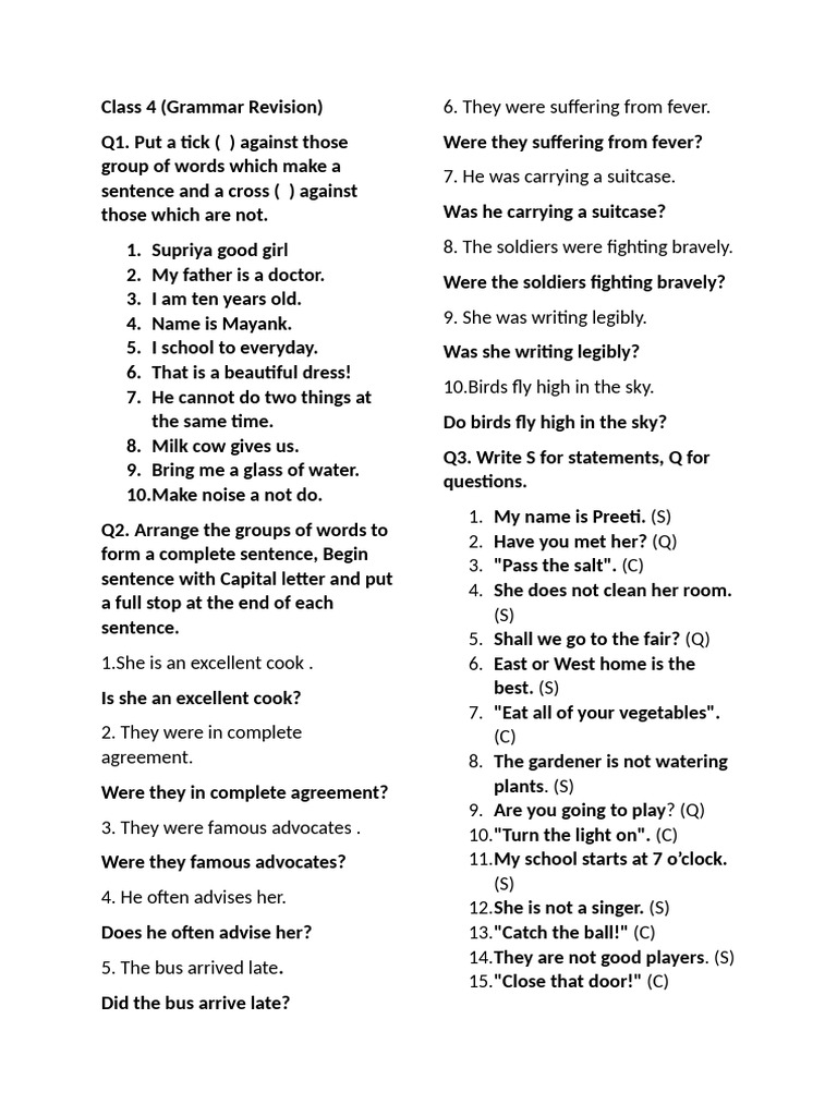 class 4 Grammar Revision | PDF