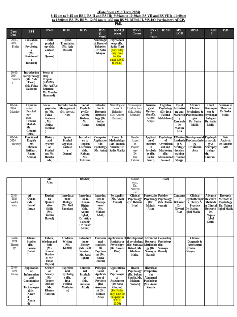 Mid Term Exam Schedule 2024 - Psychology | PDF | Psychology ...