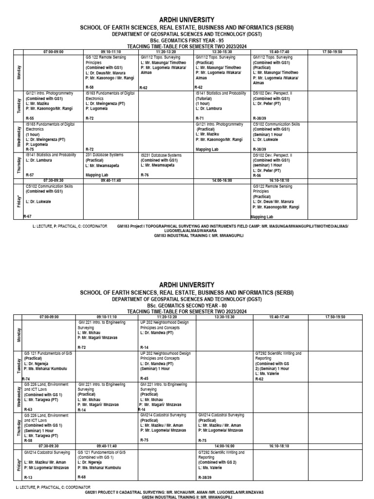 Ardhi University Geomatics Timetable 2023/2024 | PDF | Geographic ...