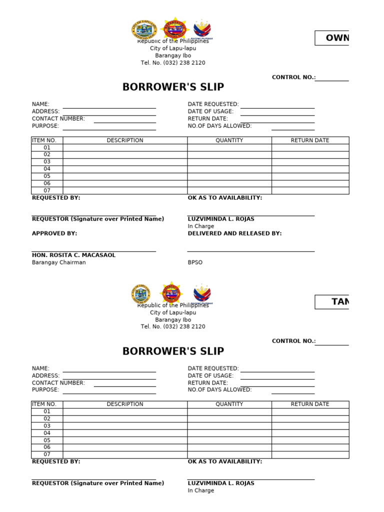 Barangay Borrower's Slip and Liability Waiver | PDF | Civil Law (Legal ...