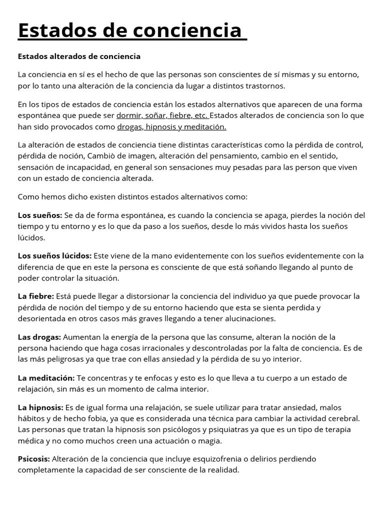 Estados Alterados de Conciencia: Tipos y Efectos | PDF | Conciencia | Sueño