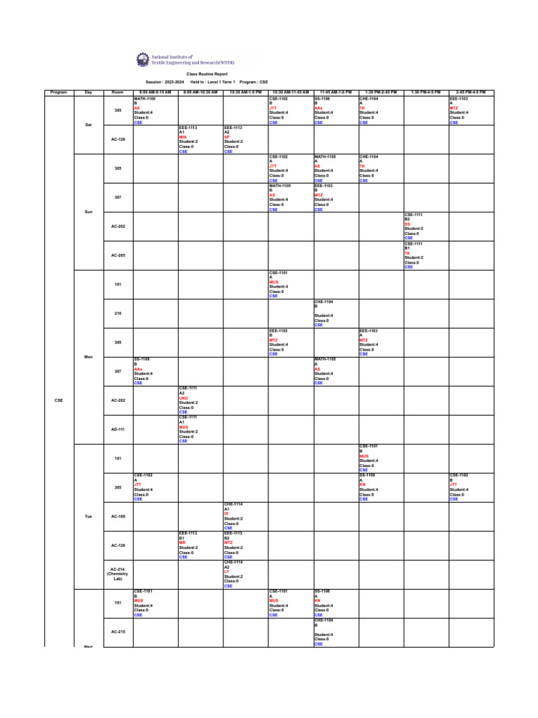Class Routine Report | PDF