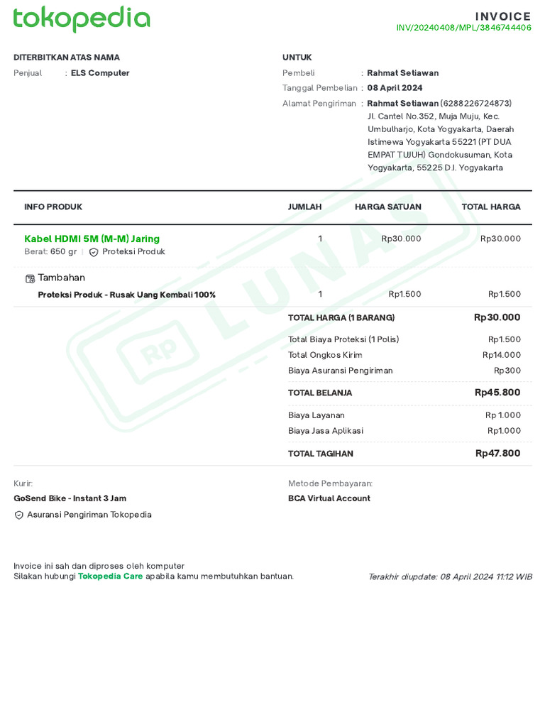Invoice Pembelian Kabel HDMI 5M | PDF