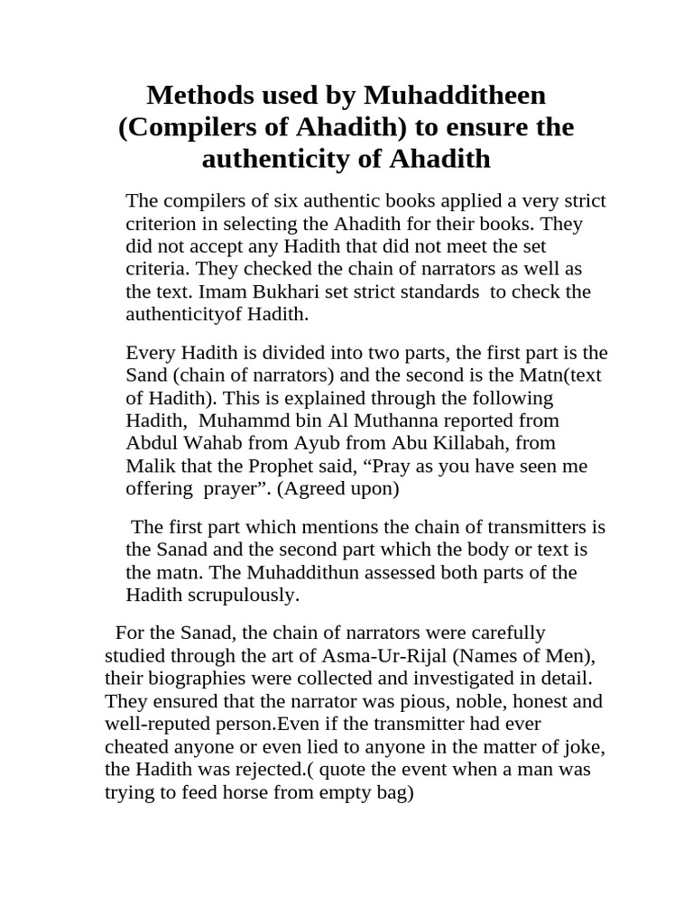 Authenticity Methods of Hadith Compilers | PDF | Hadith | Islamic Texts