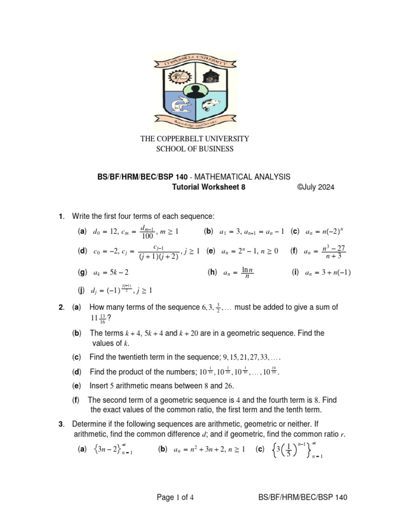 BS 140 Worksheet 8 2024 | PDF | Summation | Arithmetic